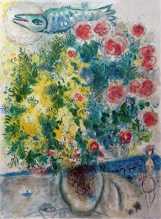 Roses and Mimosa from Nice the Cote dAzur color lithograph contemporary Marc Chagall Oil Paintings